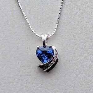 Designer Aurafin 14K White Gold Sapphire Heart Diamond Pendant Necklace Chain